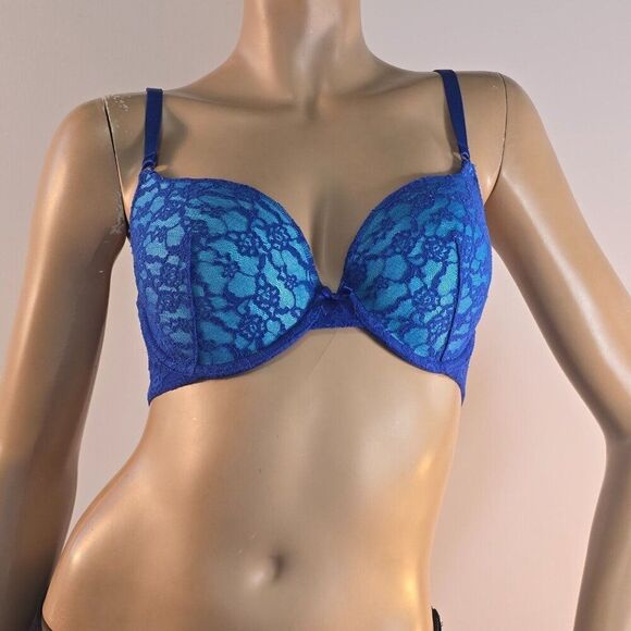 Victoria's Secret Push Up Demi Bra Womens Size 32DD Aqua Blue Floral Lace - Picture 1 of 8